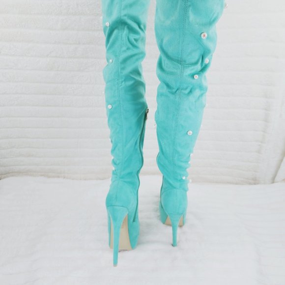 Mint Green Faux Stretch Suede Platform High Heel Thigh High Boots - Picture 8 of 16